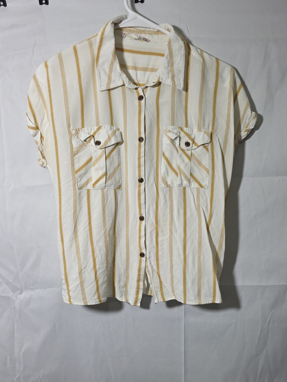 Pink Rose Womens White & Mustard Stripe Short Sleeve Shirt Size Small (W746)
